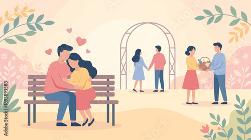 Romantic couples in park - bench kiss, wedding arch and bouquet vector illustration