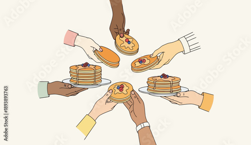 Hands sharing pancakes and stacks of pancakes arranged in a circle, diverse people Shrove Monday
