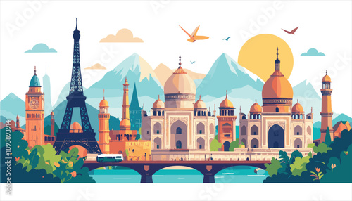 vector Global Landmarks Illustration with Famous Monuments