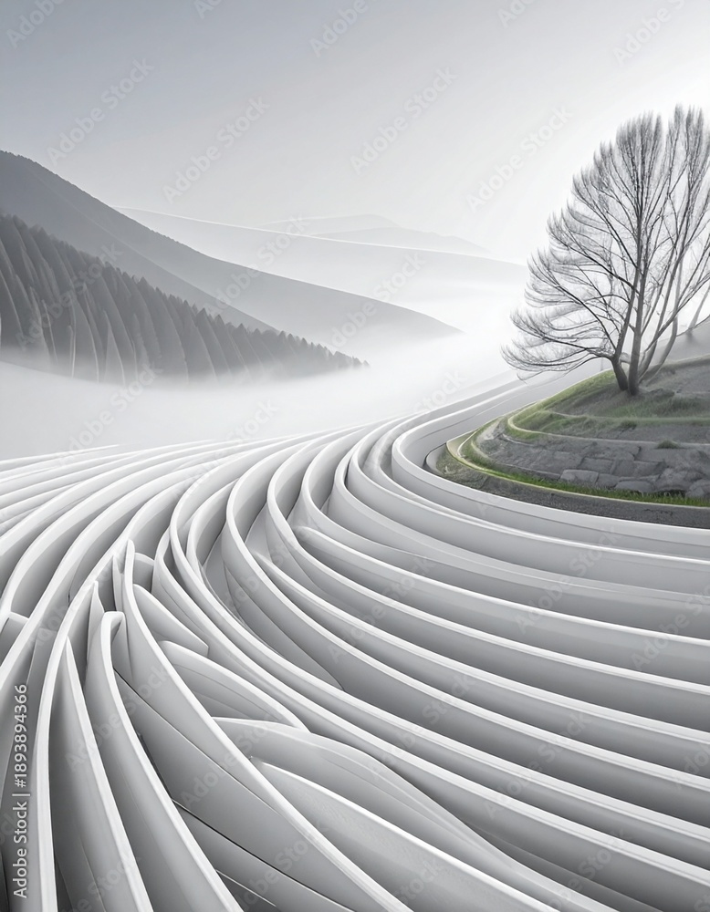 Fototapeta premium Lines of white curves and a tree outline the landscape in soft light near a hill and water
