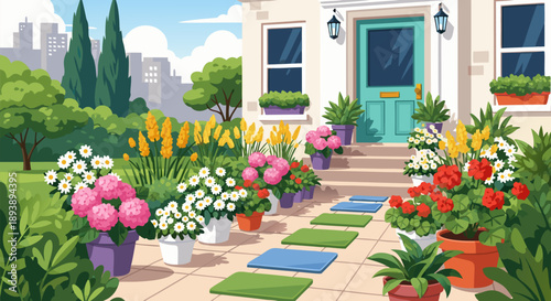 Charming suburban house entrance with a beautiful, colorful flower garden and inviting pathway, a vibrant vector illustration showcasing idyllic home living