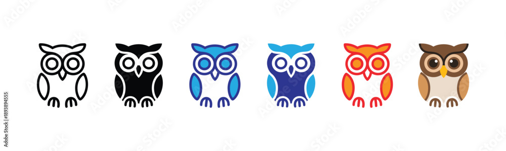 Fototapeta premium Vector illustration icon collection of colorful owl icons in different colors and styles