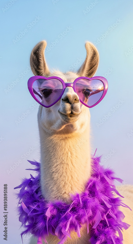 Fototapeta premium Close up on a llama with heart-shaped sunglasses and purple boa, showing joyfulness. Representative of love, happiness, Valentine's Day or a joyful event