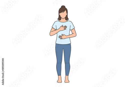 Woman practicing mindful breathing exercise with hands on chest and abdomen for calm and relaxation for wellness concepts