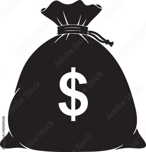 Black drawstring money bag with white dollar sign on white background