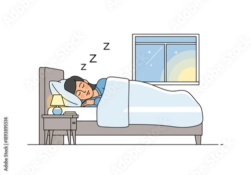 Person sleeping peacefully in bed at night with soft bedside lamp illumination and view of starry sky outside window illustration