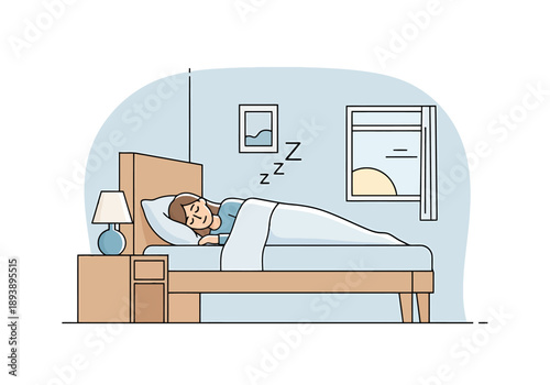 Person peacefully sleeping in a comfortable bed in a well lit bedroom during the night with a lamp and a window showing early dawn light