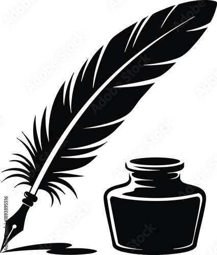 Minimalist Literary Icon of a Quill and Ink Bottle, Classic Quill Pen and Inkwell Silhouette, Monochrome Feather Pen with Ink Pot Illustration, vector, illustration, silhouette.