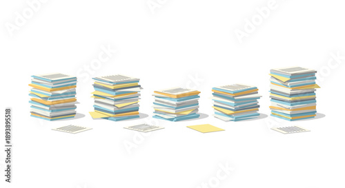 Multiple Stacks of Paper Documents and Folders in Varying Heights Organized Office Filing Illustration