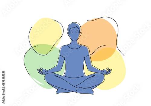 Person Meditating In Lotus Pose Isolated On White With Abstract Organic Shapes Representing Calm And Spirituality