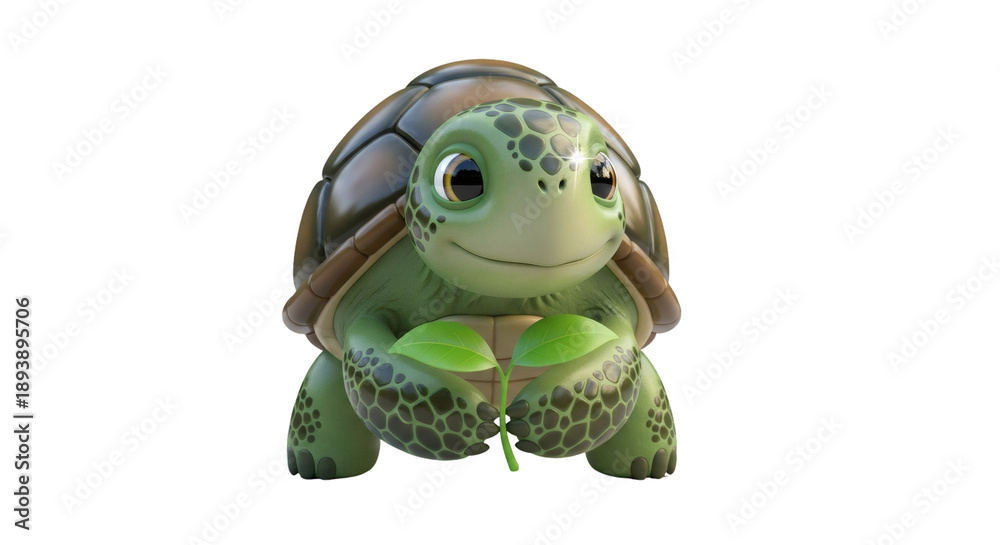 Fototapeta premium Smiling green turtle isolated on transparent background with leaf