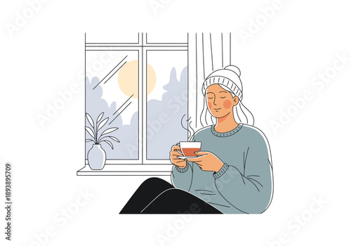 Woman Wearing Winter Hat Enjoying Hot Beverage by the Window with Seasonal Landscape Outside