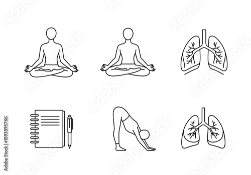 Set of icons representing wellness activities meditation yoga and pulmonary system health diagrams for medical concepts