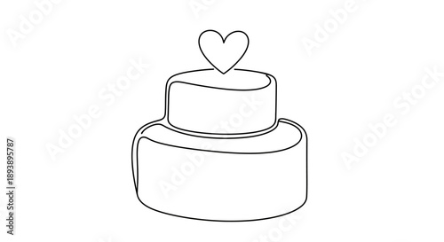 Outline drawing of a two-layer wedding cake with heart decoration on top, isolated white background