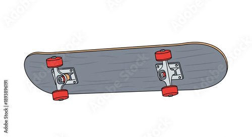 Bottom View of Skateboard Deck Showing Red Wheels and Metal Trucks Action Sports Graphic