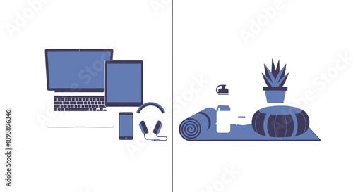 Vector illustration of home office and yoga workspace