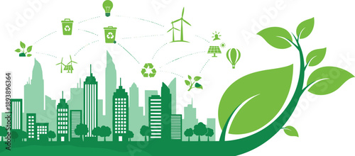 Eco-friendly city concept vector, green urban sustainability illustration, renewable energy and recycling icons, environmental design artwork