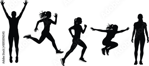 Active Female Athlete Silhouettes Set Featuring Women Running Jumping and Celebrating for Sports Branding Marathon Training Fitness Infographics and Healthy Lifestyle Vector Design Projects.