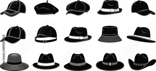 Hat silhouette vector set, black white headwear clipart, fashion accessory icons, fedora cap cowboy beret illustration bundle