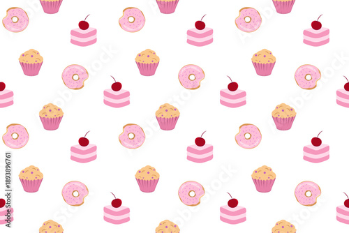 Whimsical seamless vector pattern featuring pink glazed donuts, cupcakes, and cherry topped petit fours, perfect for bakery branding, party textiles, and sweet themed stationery.