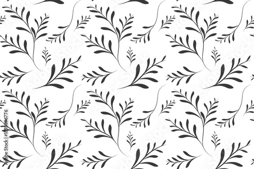 Elegant monochrome seamless vector pattern of slender branches and leaves on a white background, ideal for sophisticated kitchen textiles, organic packaging, and minimalist home decor.