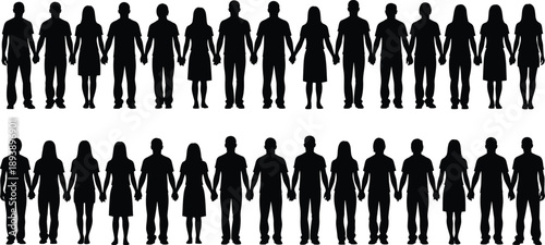People holding hands silhouette vector set, black white unity clipart, community and solidarity illustration, social cohesion design