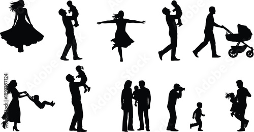 Collection of Happy Family Silhouettes Featuring Parents with Children Babies and Toddlers in Joyful Poses for Lifestyle Graphic Design Projects and Parenting Blog Illustrations