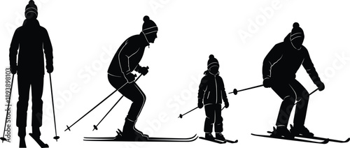 Collection, of, black, silhouettes, featuring, people, and, children, skiing, in, winter, gear, for, outdoor, sports, recreation, mountain, vacation, and, active.