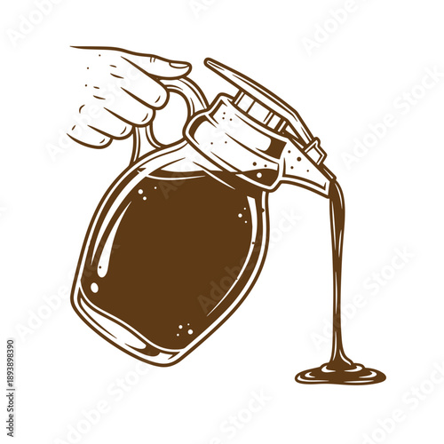 Vintage Grunge texture Hand pouring brown liquid from jug with handle and lid isolated on white background