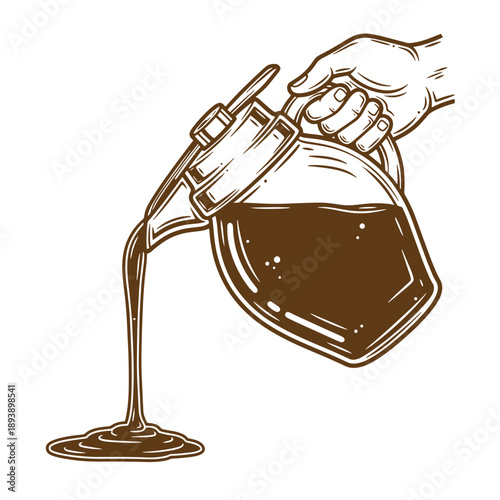 Vintage Grunge texture Hand pouring dark liquid from jug into puddle on white background