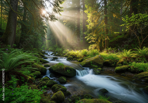Serene Mountain Stream in Sunlit Mossy Forest at Dawn