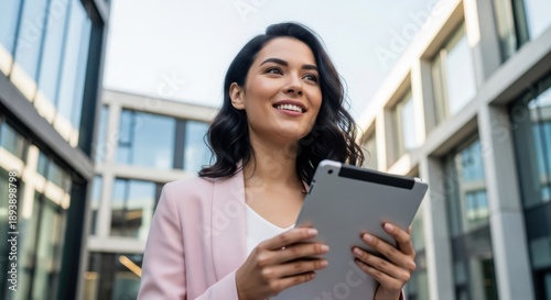 Young professional woman holding a digital tablet while standing outside modern office buildings Free Download Young professional woman holding a digital tablet while standing outside modern office buildings - GFXLoad