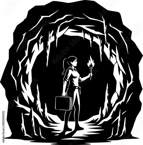 Monochrome adventure woman explorer in cave entrance with briefcase.
