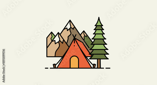 Camping tent set against a mountain landscape with pine tree.