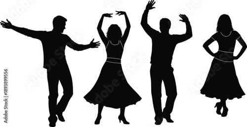 Full Length Silhouette of Joyful Diverse People Dancing and Celebrating Together on White Background for Party Event Success Freedom and Happy Lifestyle Concept