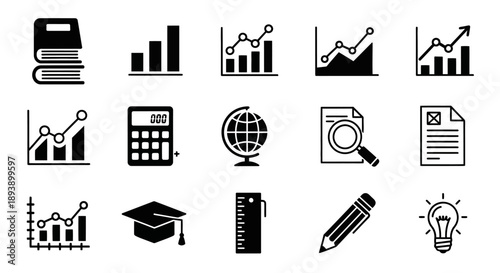 Collection of business and education icons for data analysis and learning.