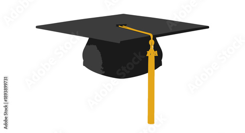 Black Graduation Cap with Yellow Tassel on White Background.