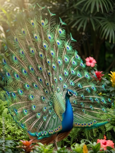 Peacock displaying its vibrant and colorful feathers in a natural environment. Exotic bird symbolizing beauty, elegance, and wildlife diversity. Suitable for nature, wildlife, and decorative concepts