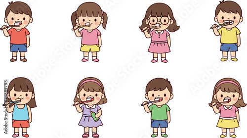 Cute kids brushing teeth vector set with boys and girls practicing dental hygiene, healthy smiles, and fun oral care cartoon characters