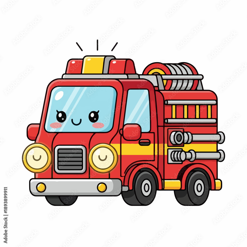 Fototapeta premium Friendly Red Fire Truck with Cute Face: Adorable Cartoon Vehicle for Kids' Designs and Safety Education
