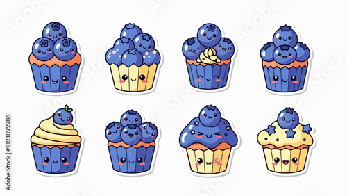 Collection of Cute Kawaii Blueberry Cupcakes with Happy Faces: Sweet Dessert Stickers for Food Lovers