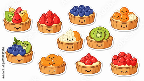 Assortment of Kawaii Fruit Tarts with Happy Faces: Delicious Sweet Pastries for Bakery and Food Designs