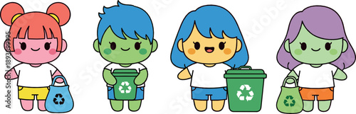 Cute kids recycling character vector set with boys and girls holding trash bags and bins for eco and sustainability themes