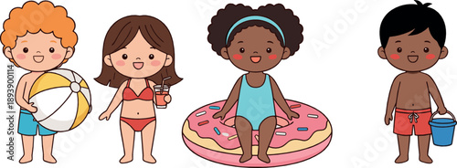 Cute kids summer beach vector set with boys and girls in swimsuits, inflatable float, beach ball, and playful holiday cartoon characters