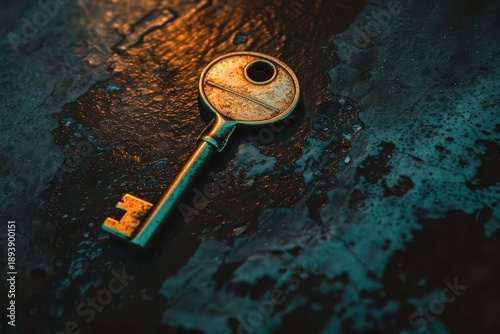 Least privilege access concept. A close-up image of a vintage key resting on a textured, dark surface illuminated by warm and cool lighting.