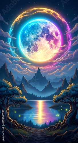 Wallpaper Mural Mystical Moonlit Landscape with Vibrant Colors and Serene Reflection. Torontodigital.ca