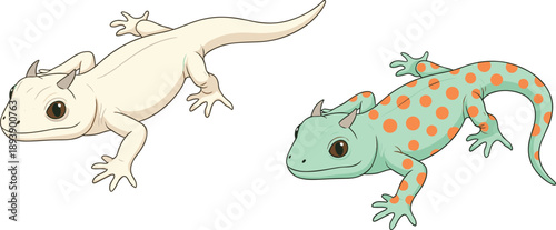Cartoon lizards with expressive eyes and crawling pose, cream and turquoise spotted reptiles, educational vector illustration for kids nature content