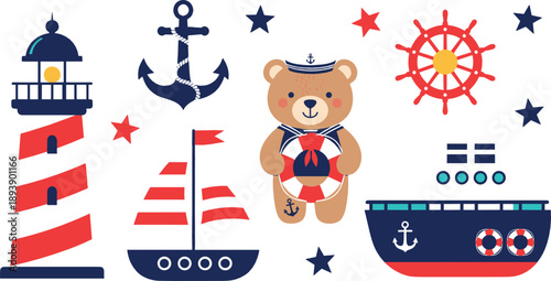 Cute nautical vector set with lighthouse, sailboat, ship, anchor, sailor bear, ship wheel, stars, and colorful marine cartoon illustrations