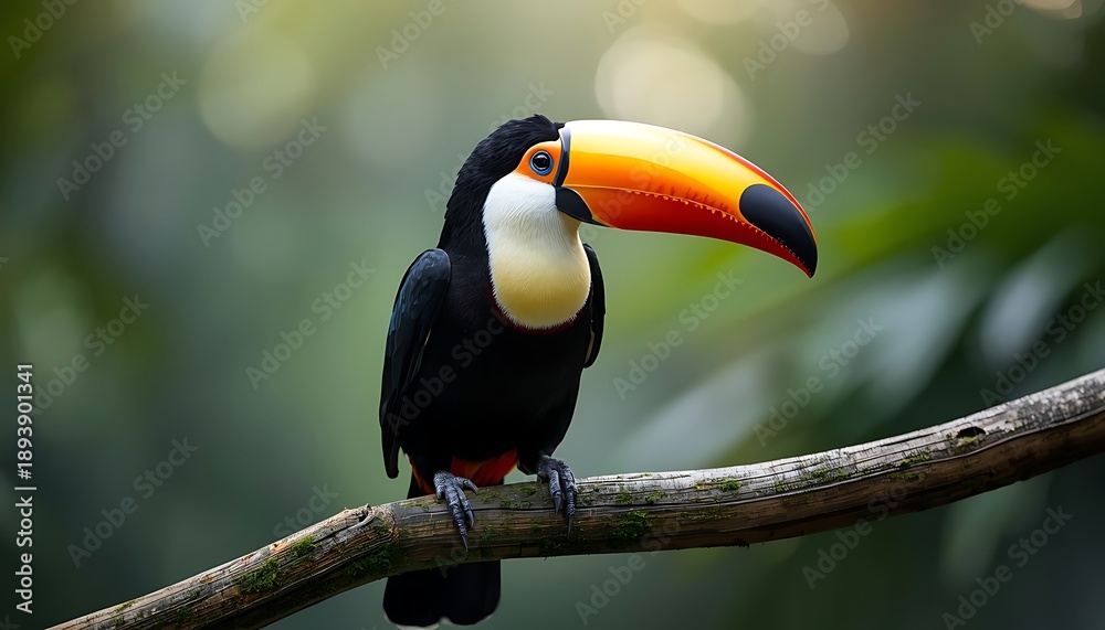 Fototapeta premium lucid origin A highly detailed exotic toucan bird perched calmly on a natural mossy wooden