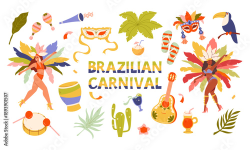Brazilian Carnival. Сollection of colorful hand-drawn stickers for the Brazilian Carnival